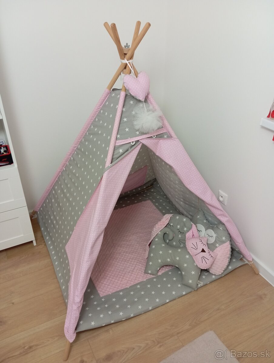 Detský teepee stan Zvieratká ružová