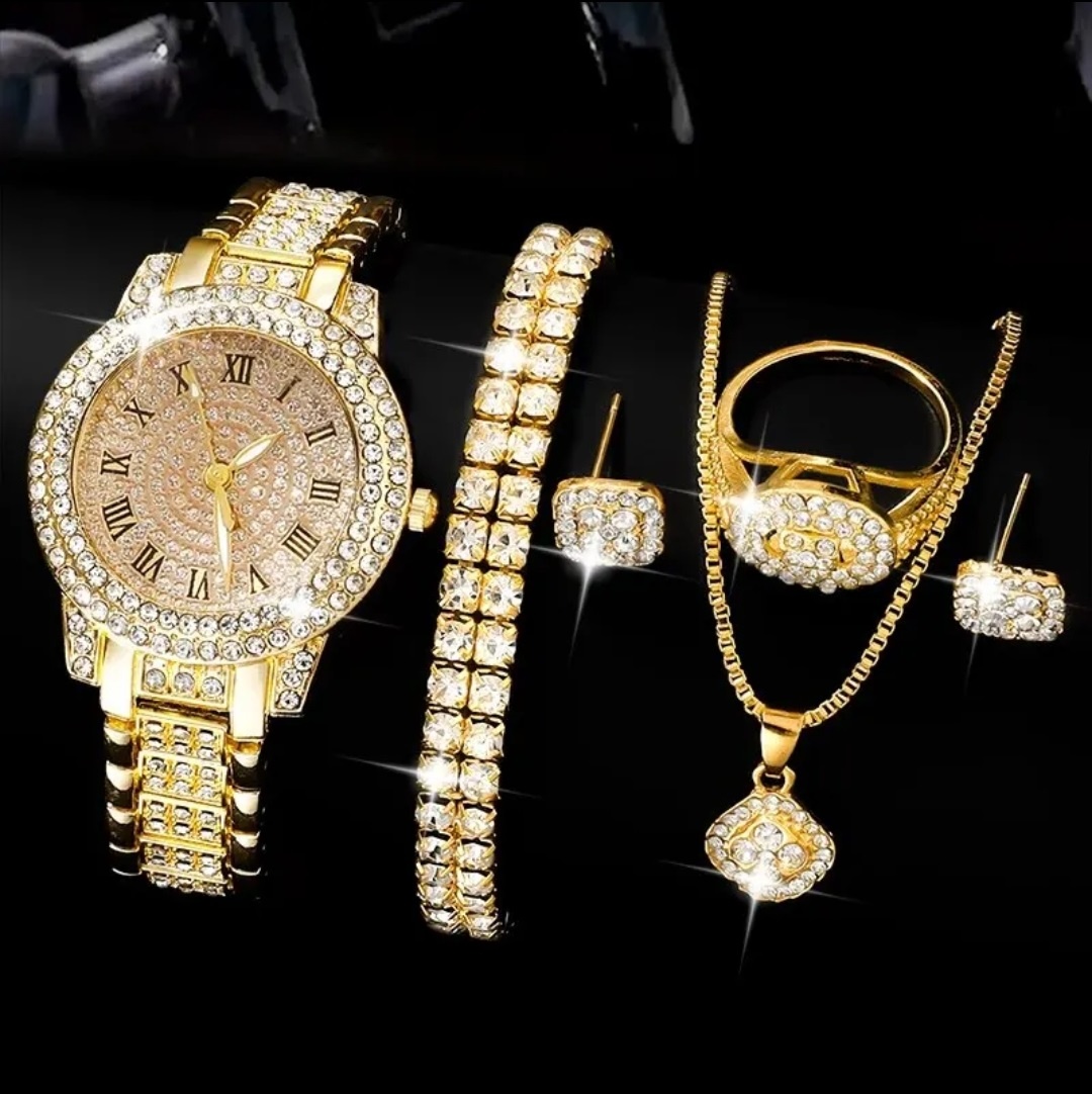 Zlaté dámske hodinky s náramkom, prsťeňom, náhrdelníkom a ..