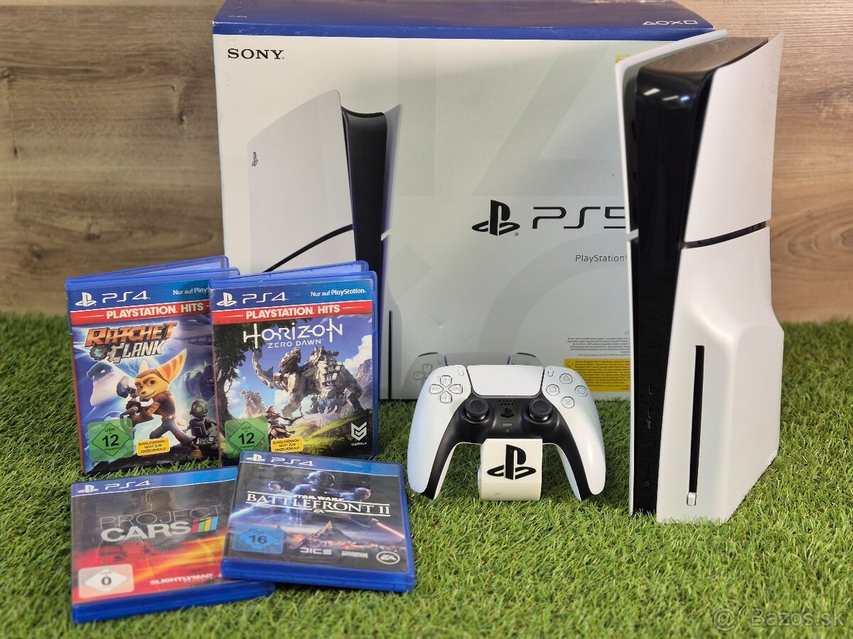Sony Playstation 5 Slim, mechanika, 1 ovládač, 4 hry