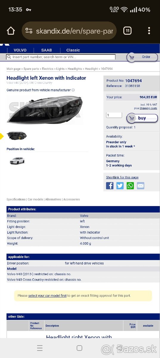 NOVY Volvo v40 2013- original xenon svetlomet