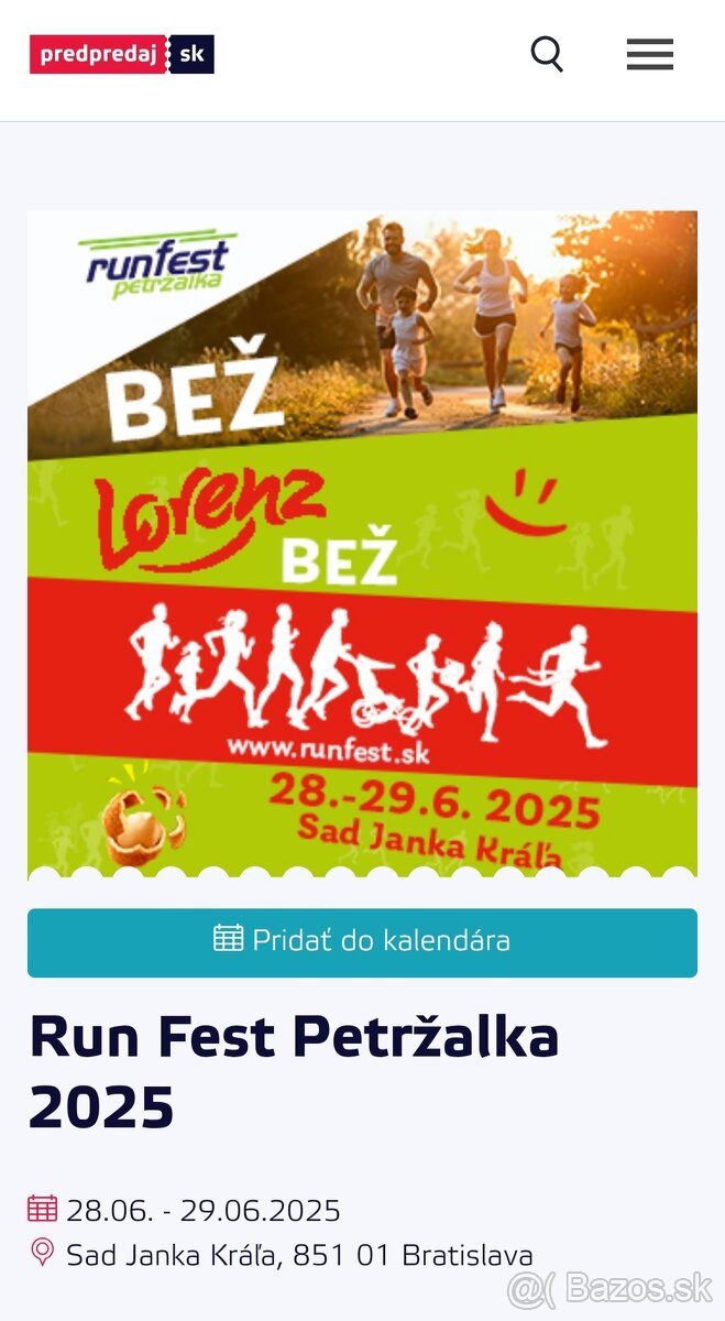 Predám štartovné na Runfest.sk v Sade Janka Kráľa v Bratisla