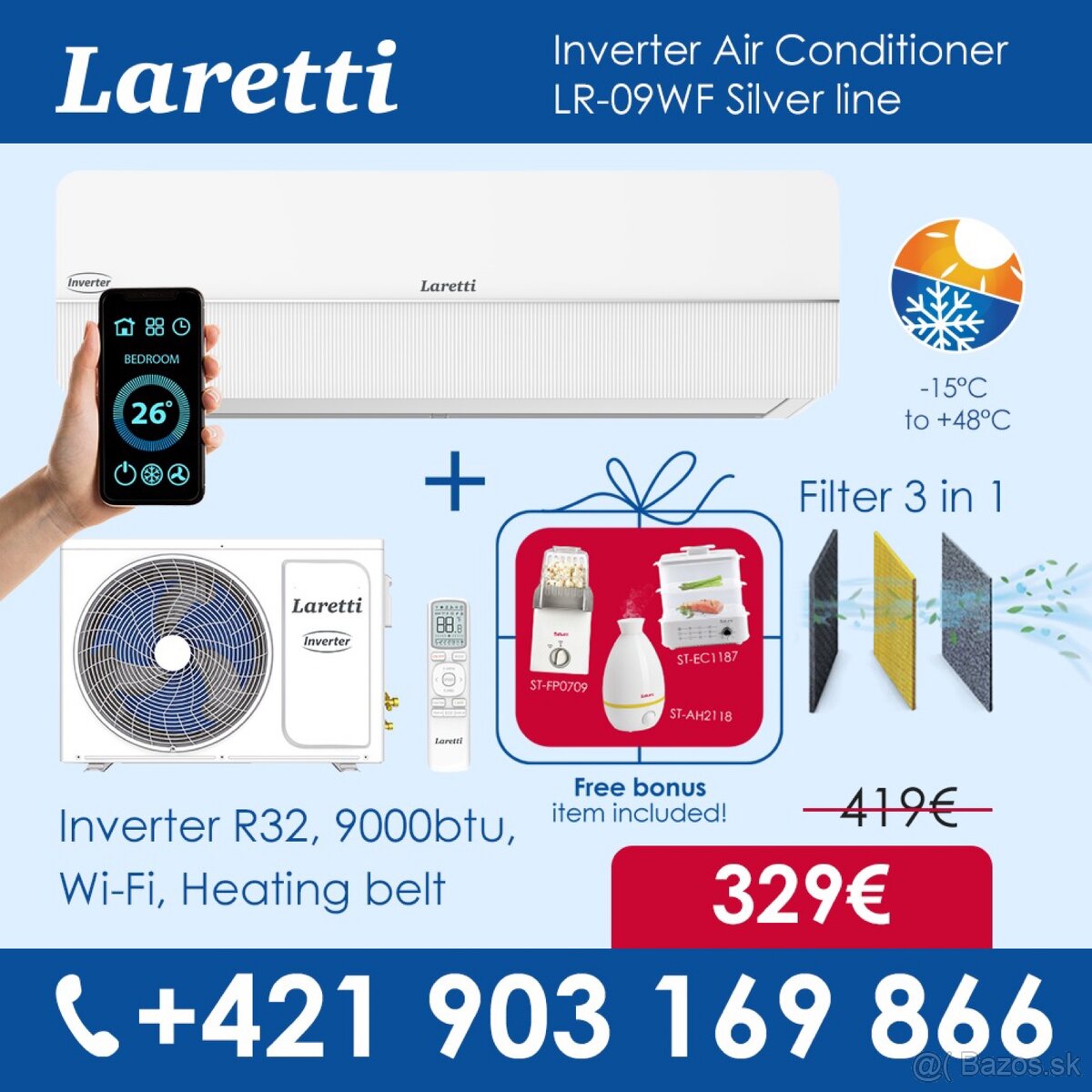 Splitová nástenná klimatizácia 2,5kW LARETTI LR-09WF Wi-Fi