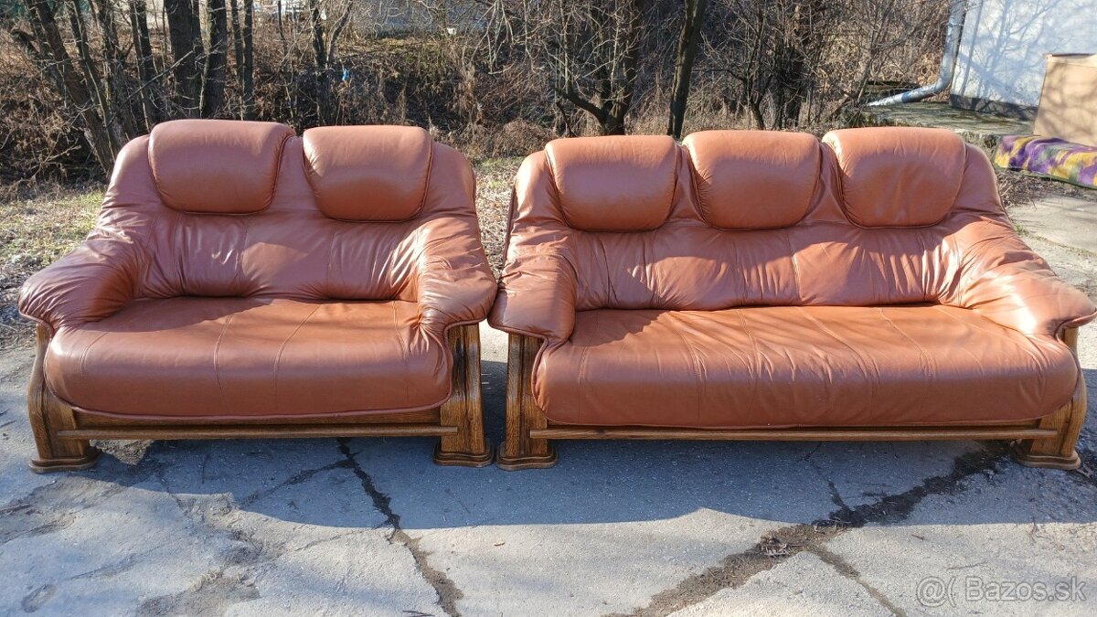 Kožená sedacia súprava 3+2 s masivním dřevem