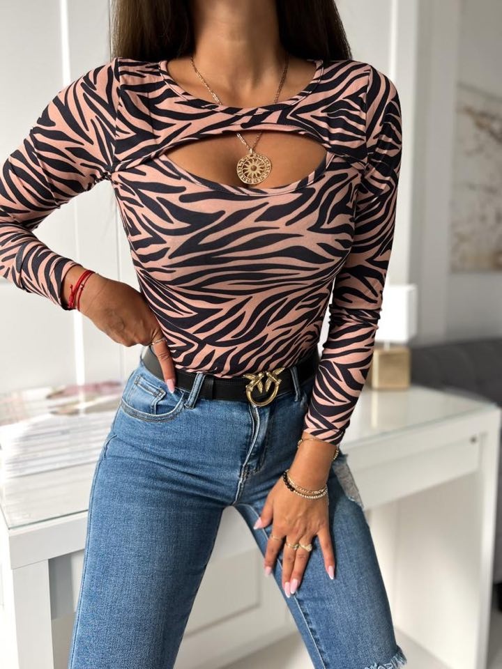 Stylovy damsky elasticky vzorovany hnedy top s dlhym rukavom