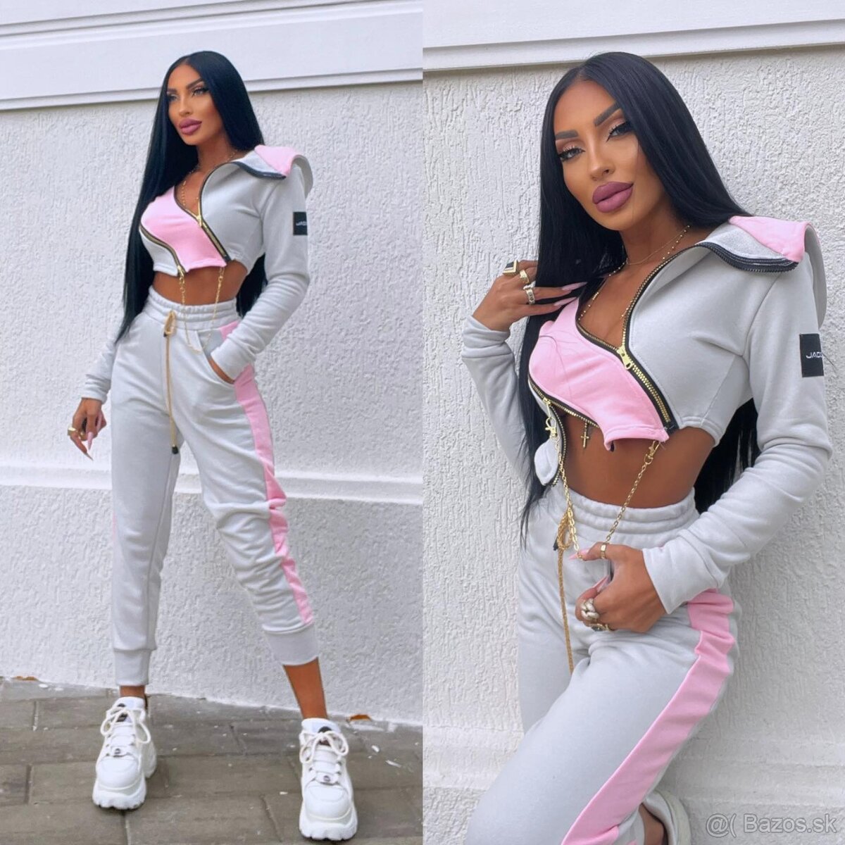 Moderna teplakova crop mikina s retiazkou sivo ruzova NOVA