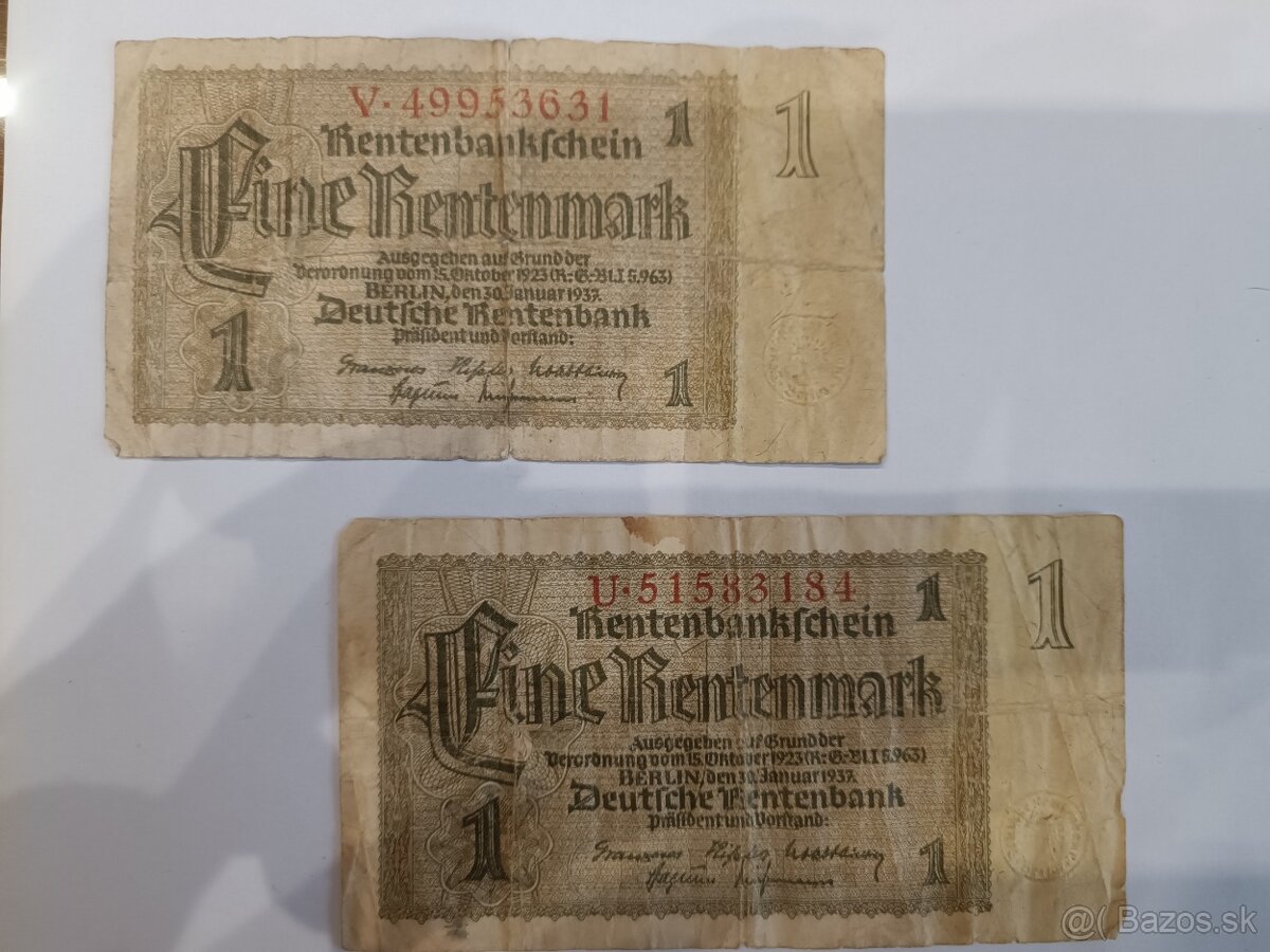 Stará bankovka 1 značka fine rentenmark 1937r starožitná
