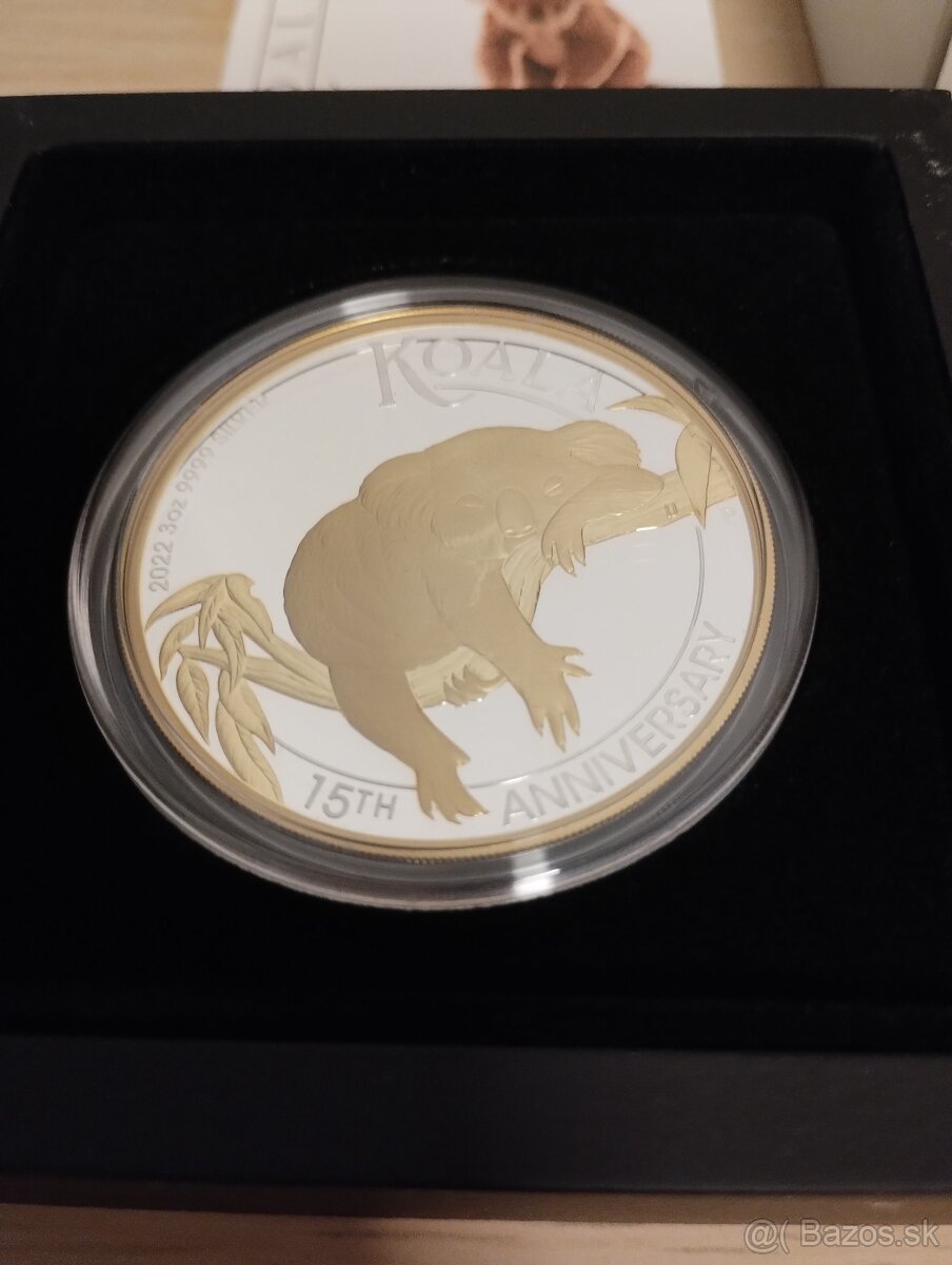 Predám striebornú mincu 3 oz Koala Perth Mint pozlátená