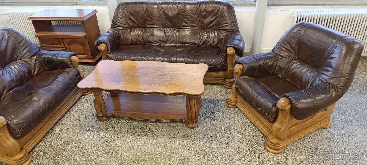 Rustikální kožená sedací souprava, 3+2+1, nábytek z masívu