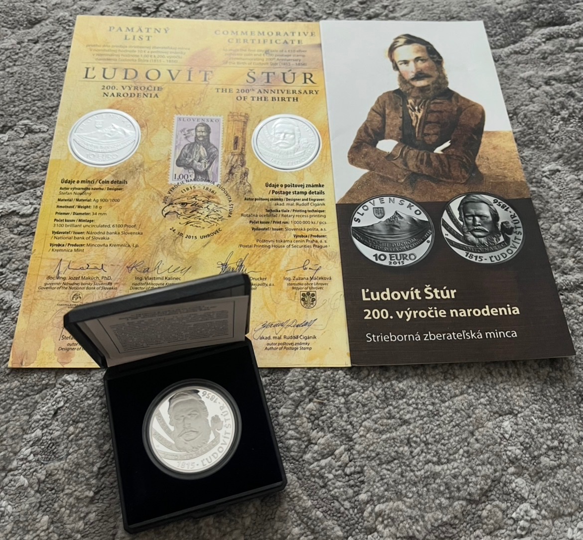 10 Euro Ľudovít Štúr PROOF 2015 + pamätný list