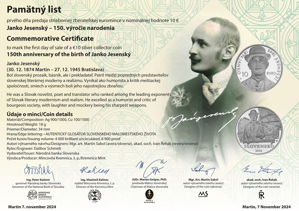 10€ minca Janko Jesenský v Proof + BK + PL  (euro mince)