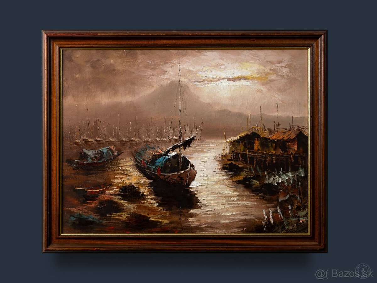 Prístav v Ázii, C.May , olej na plátne, 700 × 540 mm