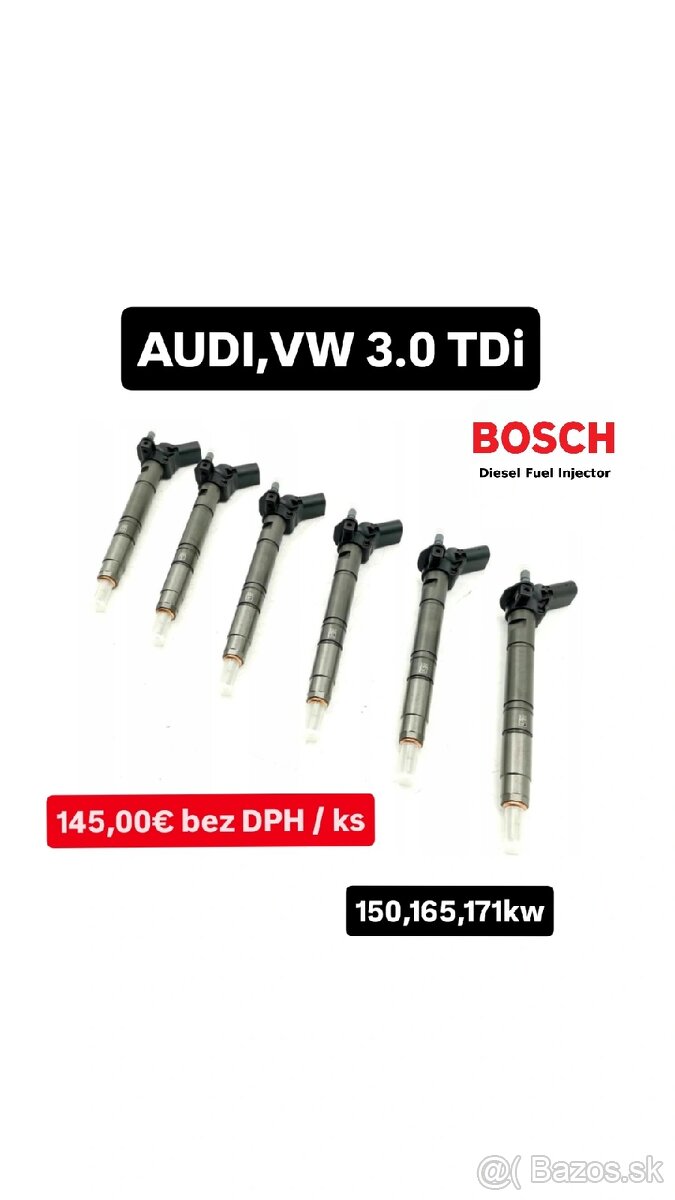 Repasované vstrekovače BOSCH AUDI, VW 3.0 TDi