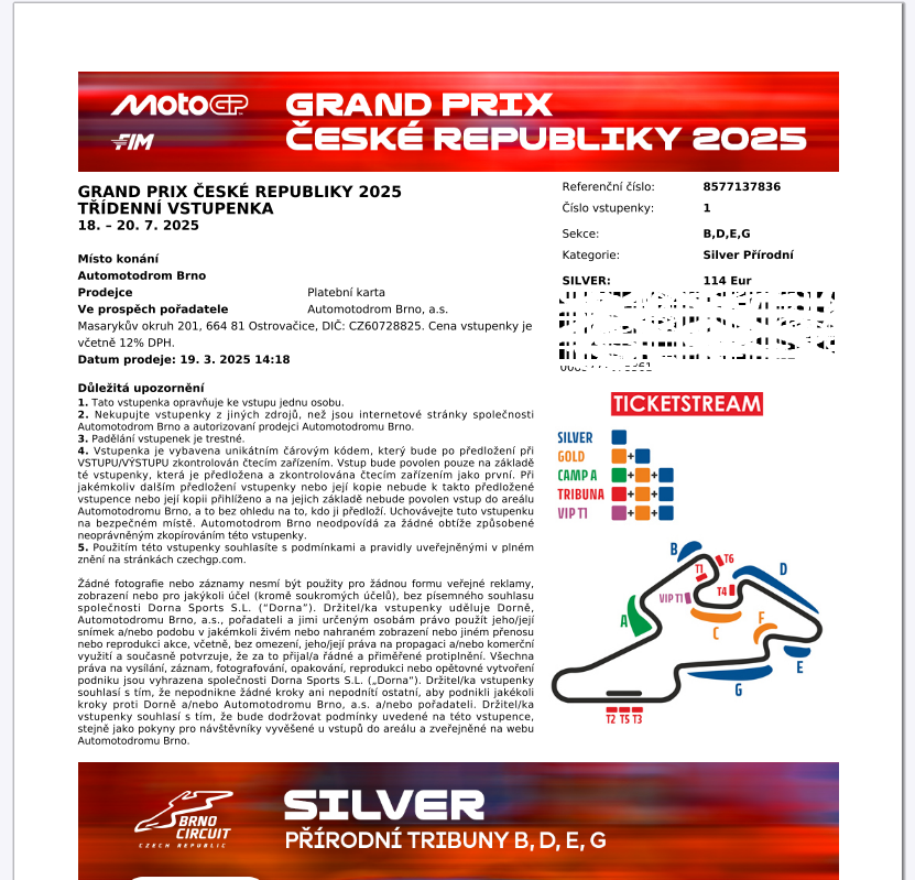 Predám lístok na MotoGP Českej republiky. Silver kategória.