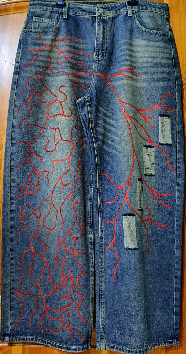 Nohavice ručné maľované a upravené-dusty blue