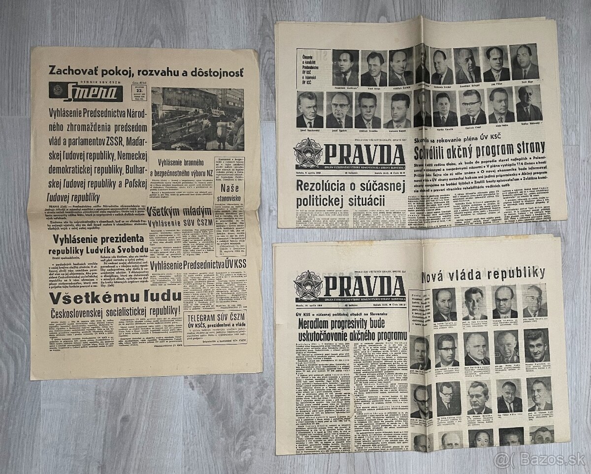 Noviny Pravda a Smer z augusta a apríla 1968.