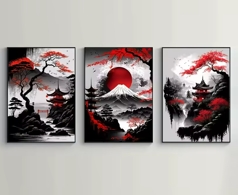 trojdielny obraz japonskej krajiny na plátne - 50x70cm