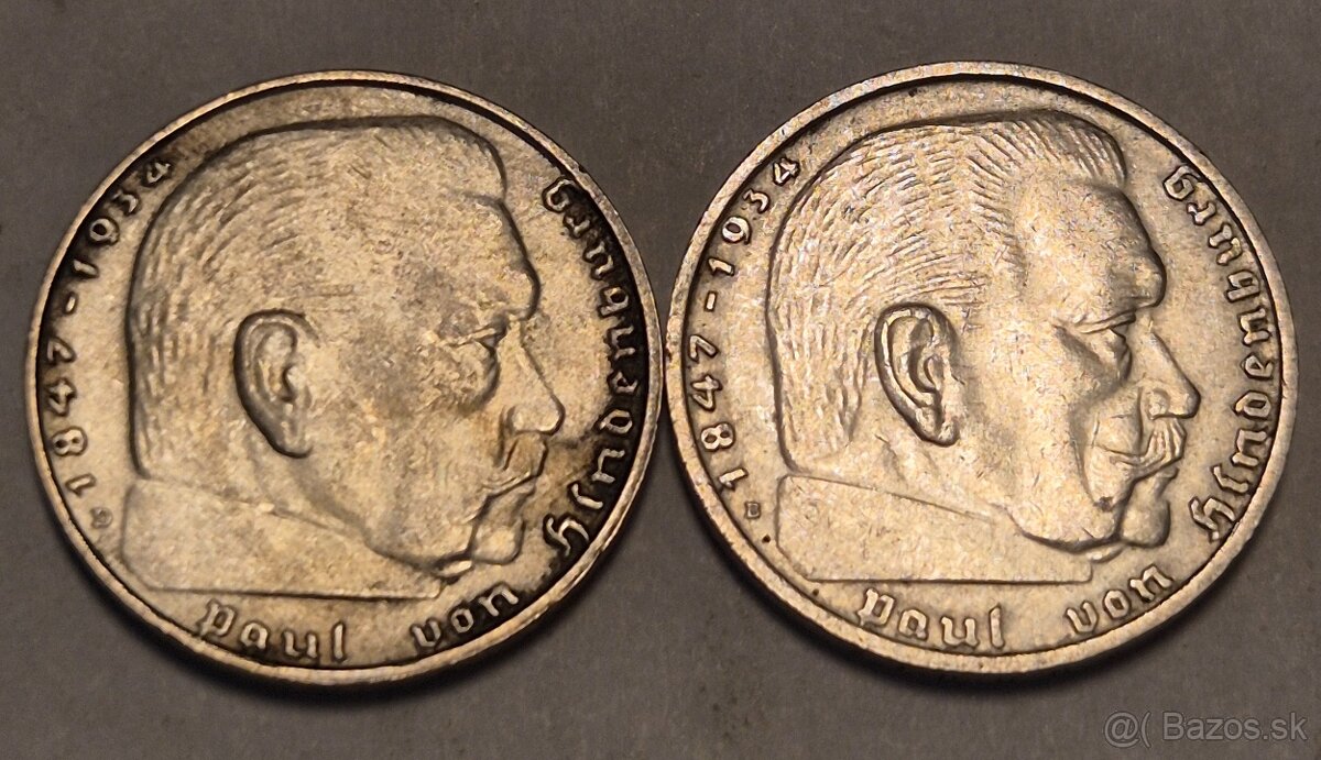 2x 2 Reichsmark 1939 B, D Hindenburg