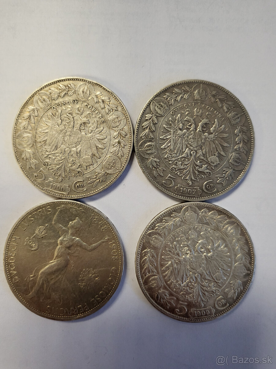 4 X STRIEBORNA 5 KORUNA B.Z. RAKÚSKO UHORSKO FRANZ JOSEPH