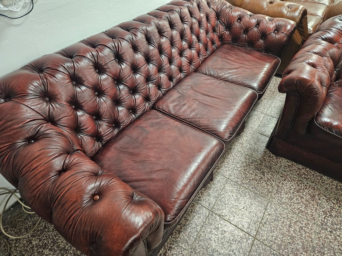 CHESTERFIELD ŠTÝL,SEDAČKA KOŽENÁ,ZĽACNENÁ,3+2+1