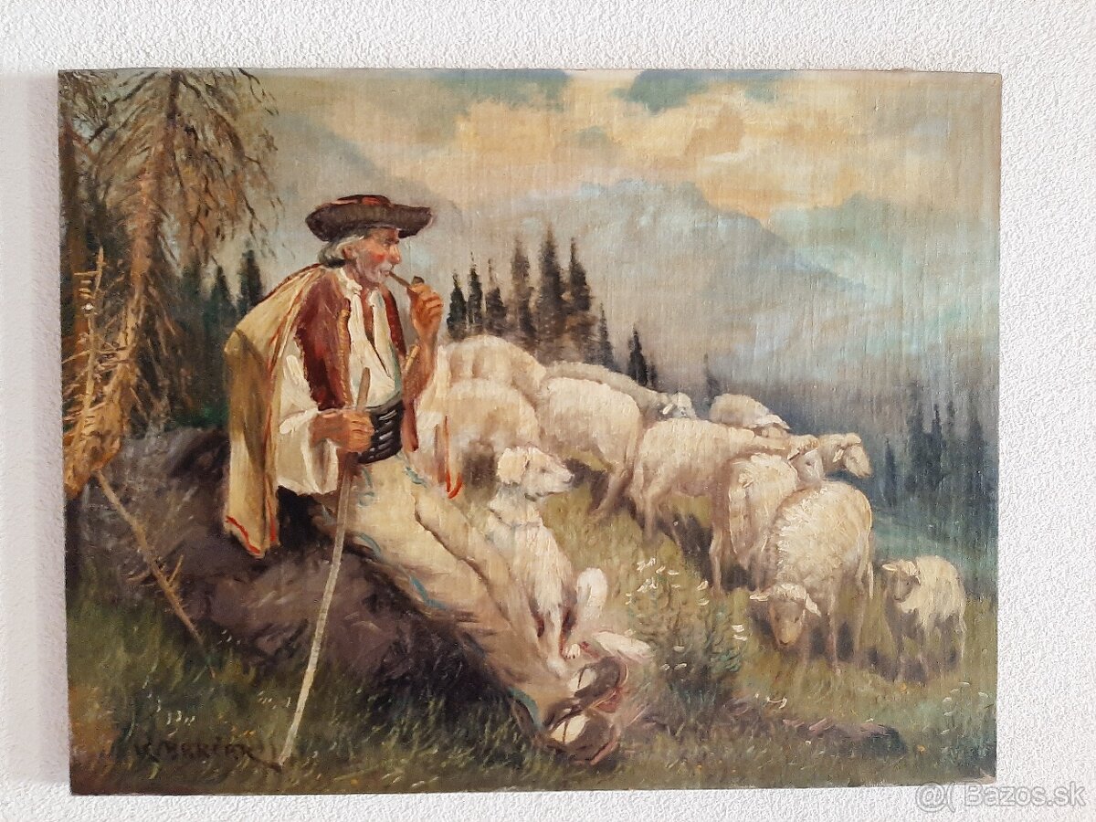 Obraz-olejomaľba bača s ovcami.