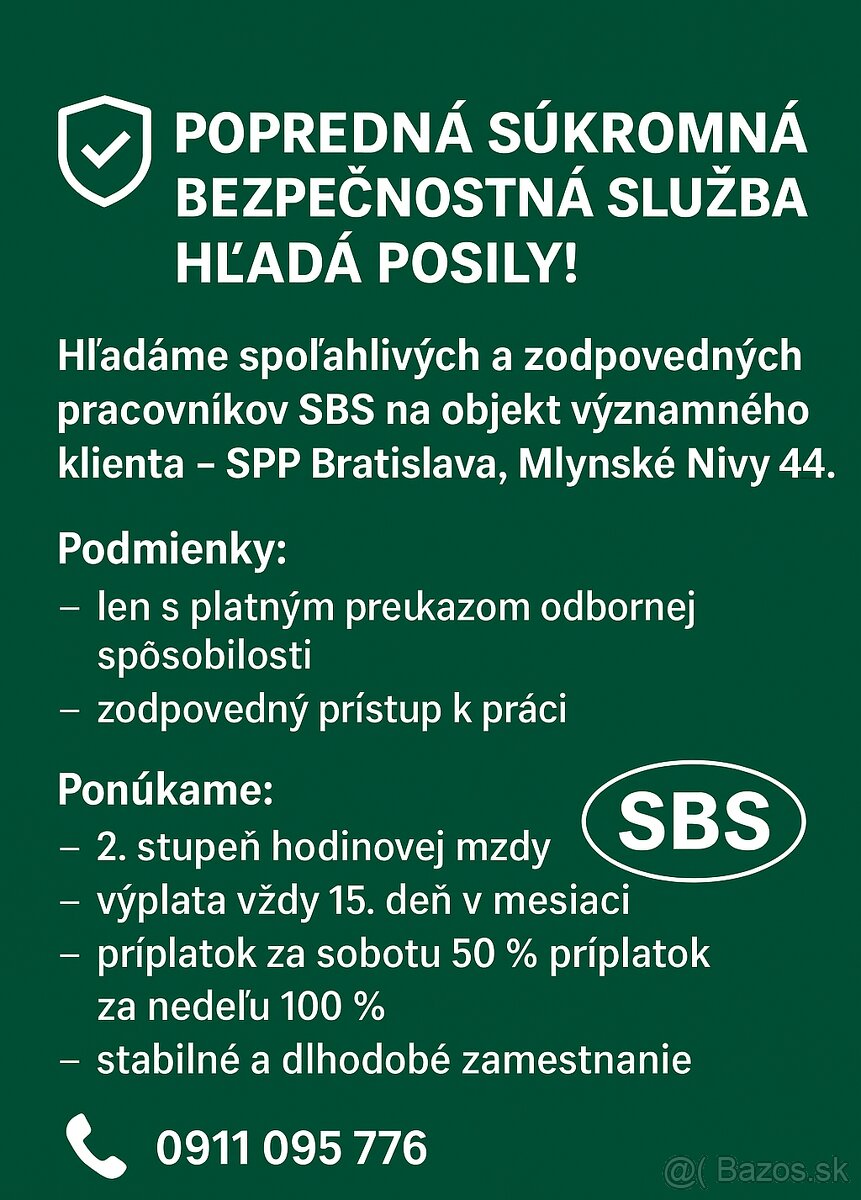 ⚡ PRÁCA V SBS – okamžitý nástup ⚡ Bratislava Mlynské Nivy
