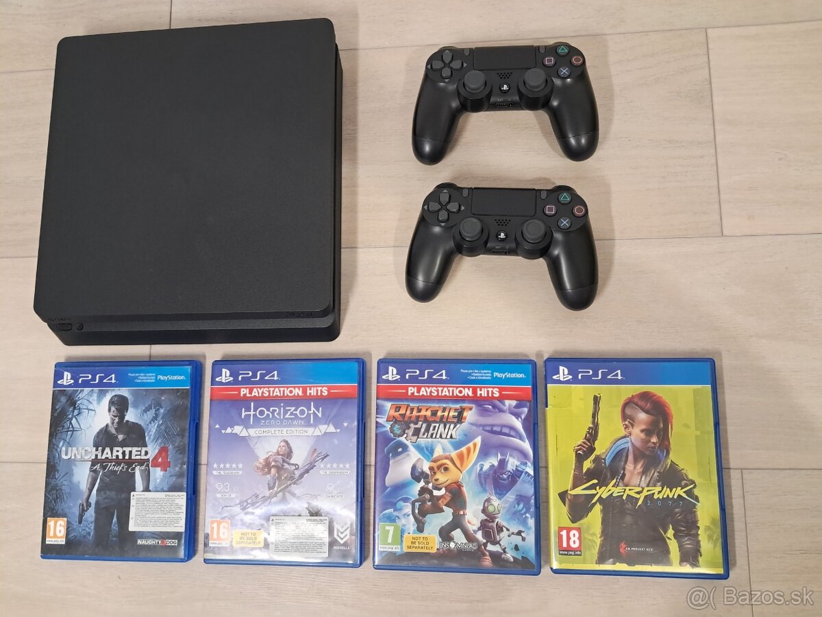 PS4 slim 500GB, 2 ovládače, 4 hry
