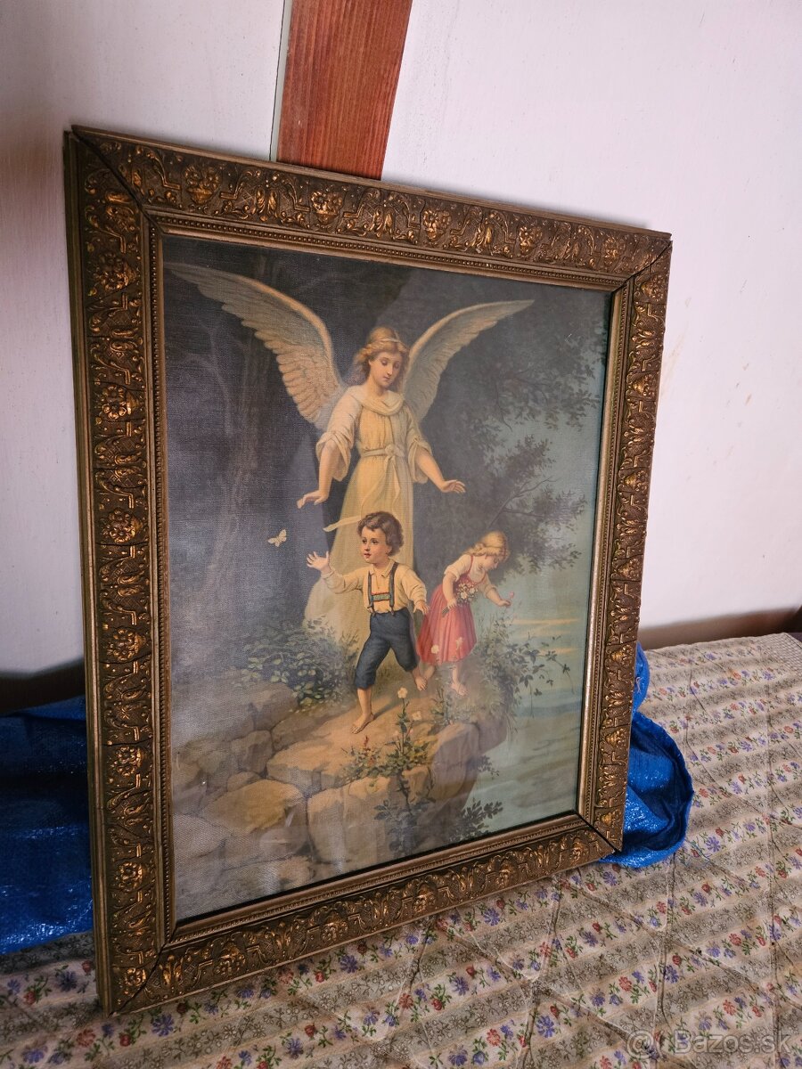 Krásny starý obraz pod sklom v starom ráme cena 40€/60x45cm/