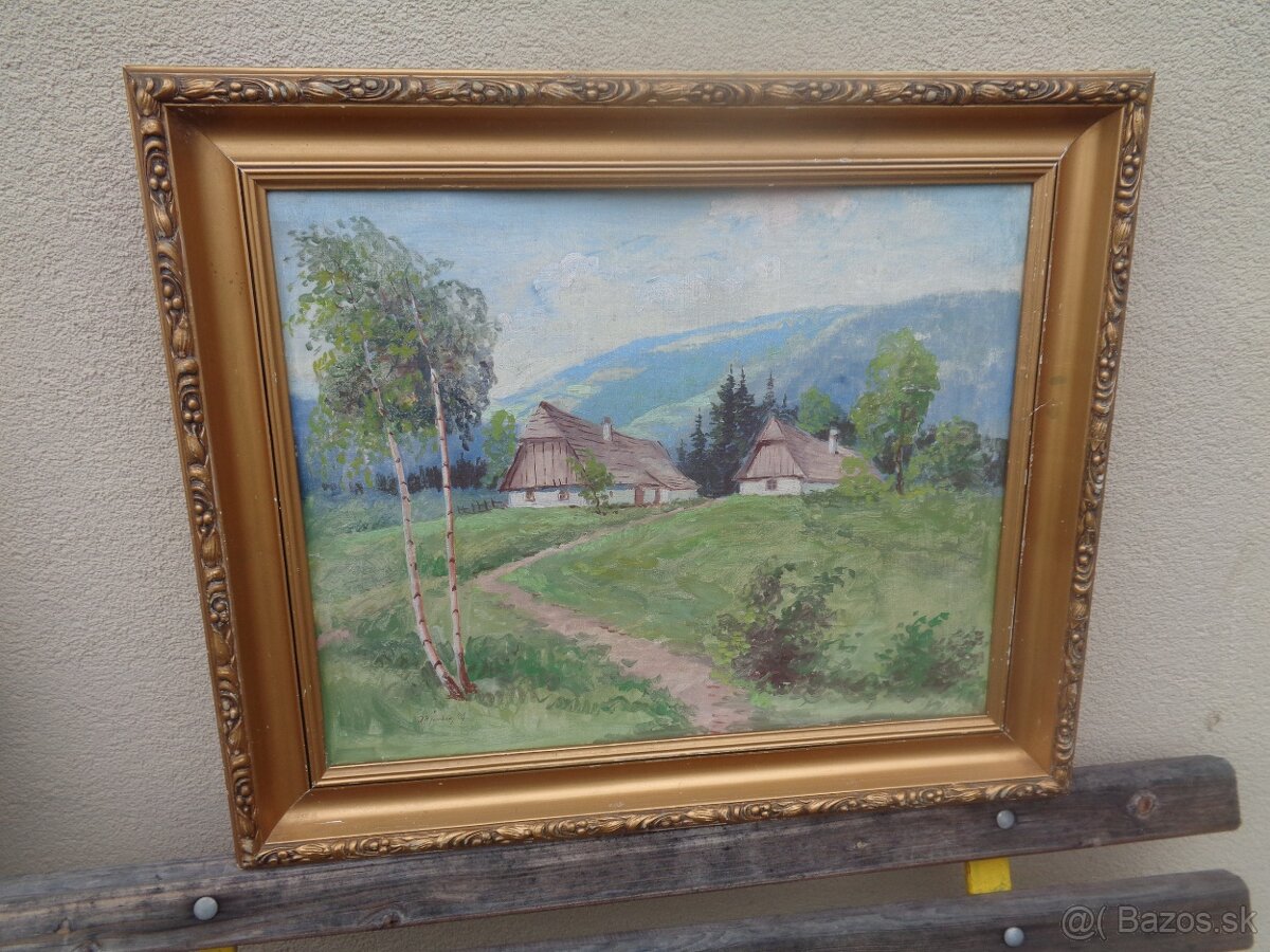 obraz, chalupky na okraji lesa - olejomalba