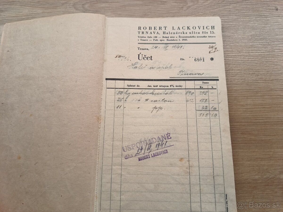 účtovná kniha Robert Lackovich Trnava 1941