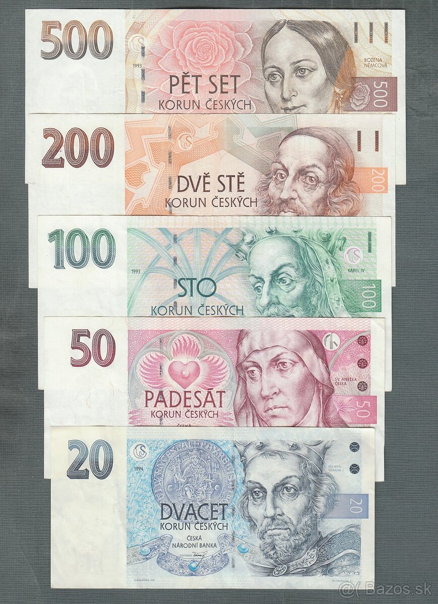 Stré bankovky sestava vydání 1993 VZÁCNÉ 20-500 Kč, pěkné