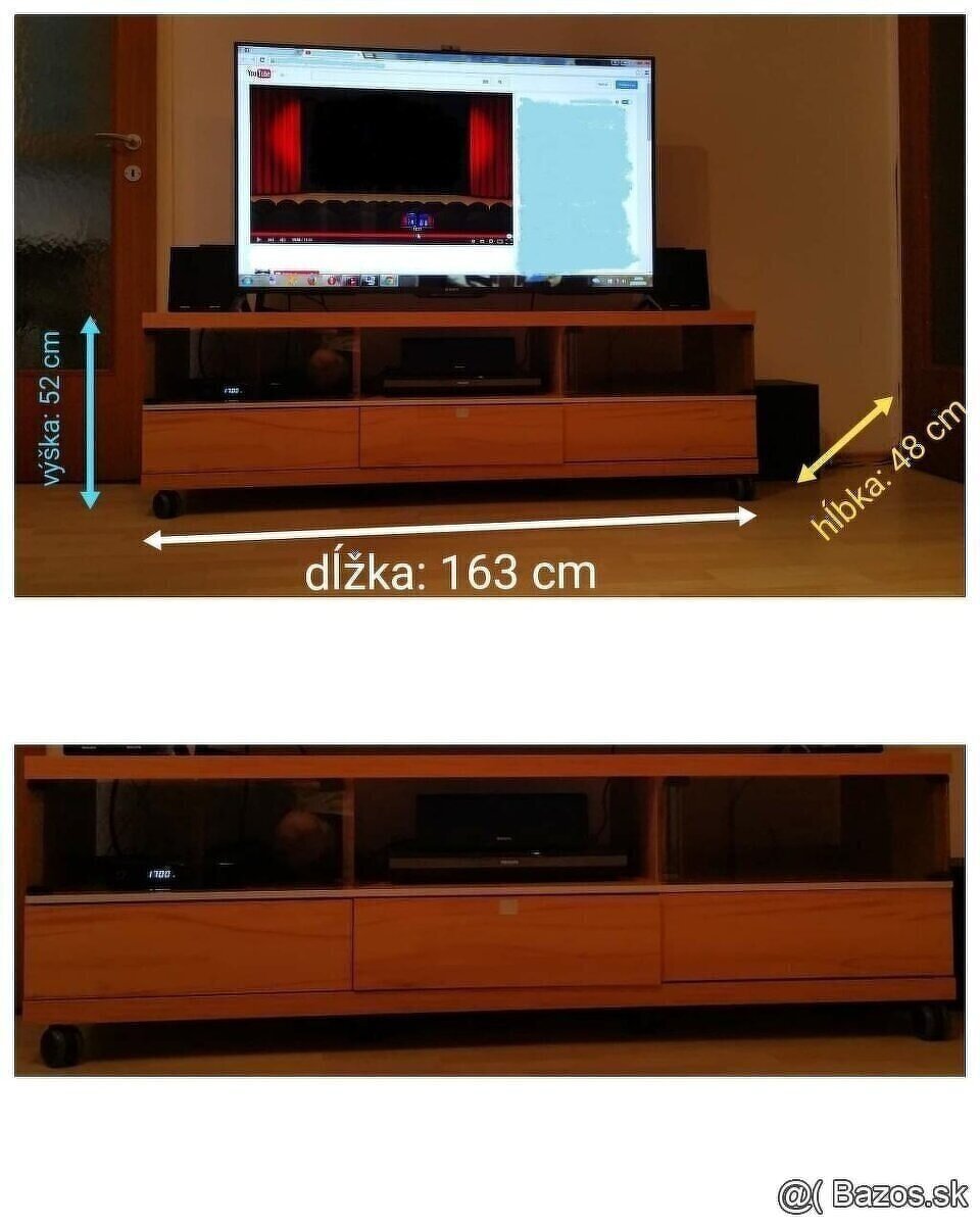 TV stolík 163 cm dlhý na kolečkách.