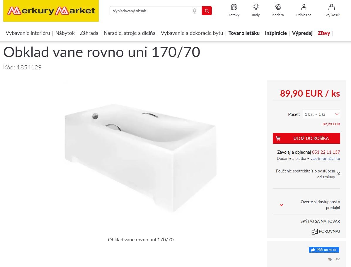 Úplne nový,zabalený a nepoužitý obklad vane rovno uni 170/70