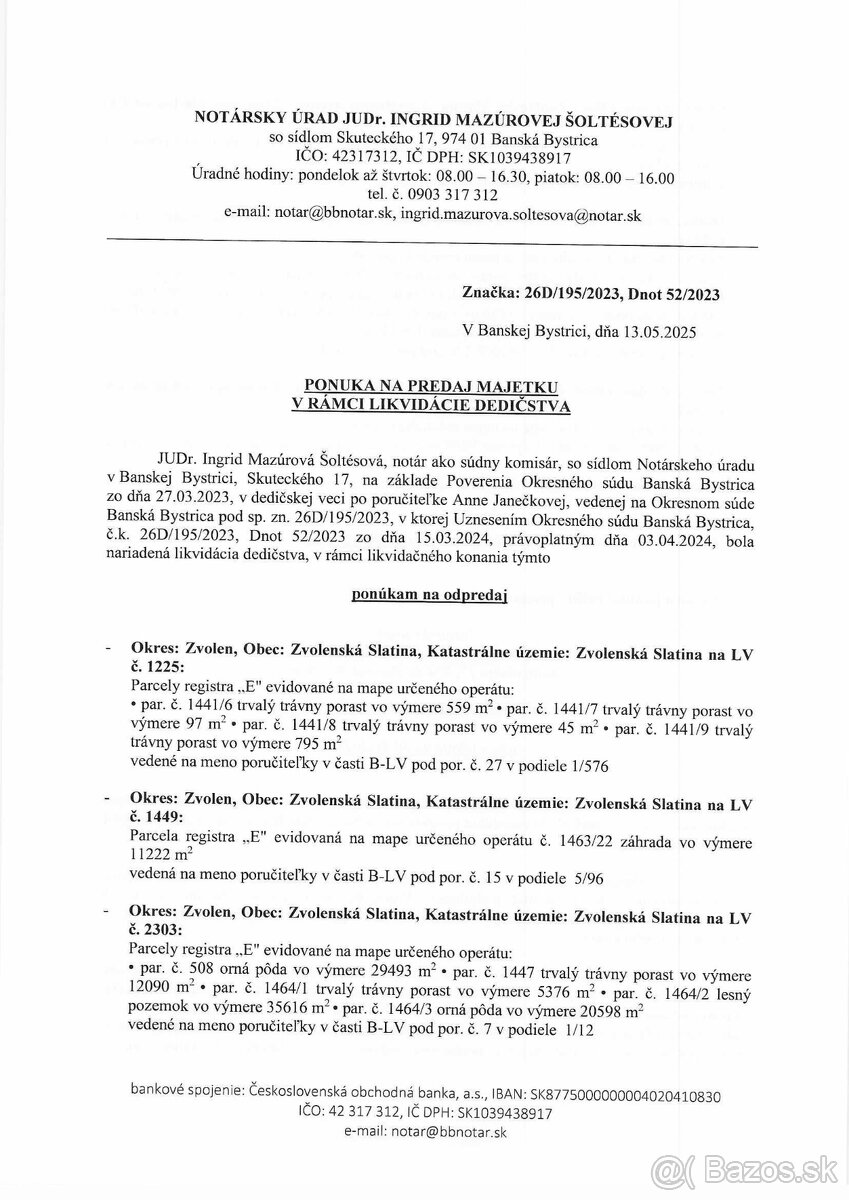 Predaj pozemkov Zvolenská Slatina