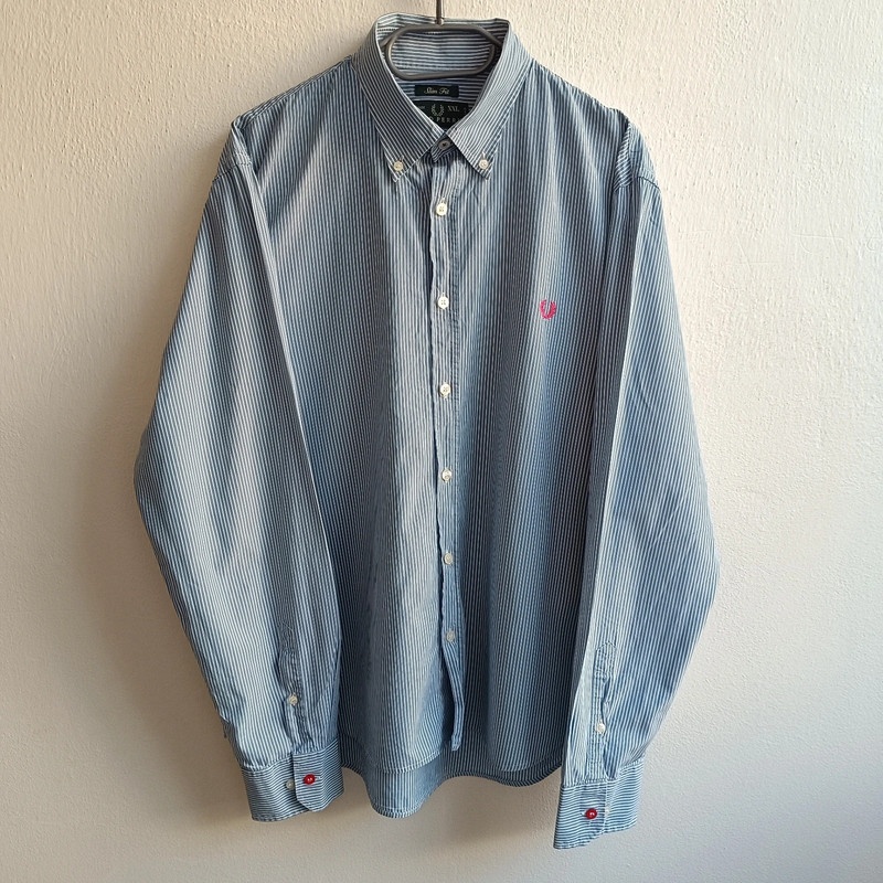 Vintage 90s Fred Perry modrá pruhovaná košeľa XXL slim
