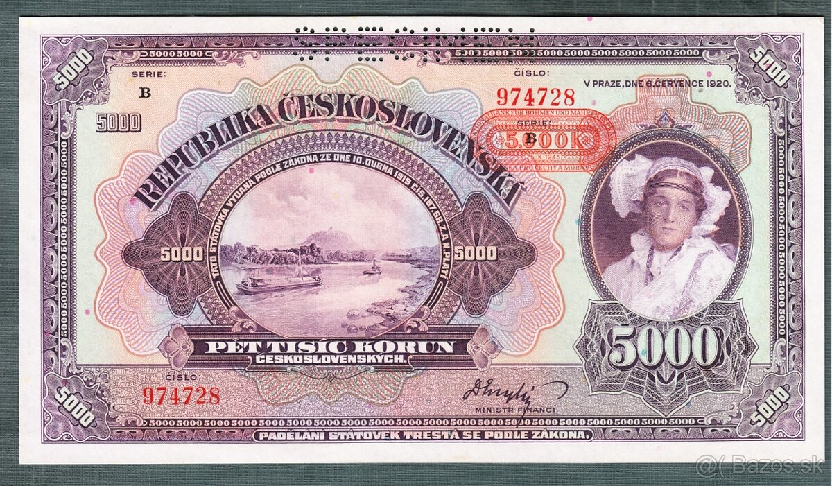 Staré bankovky 5000 korun 1920 PŘETISK bezvadný stav UNC, or