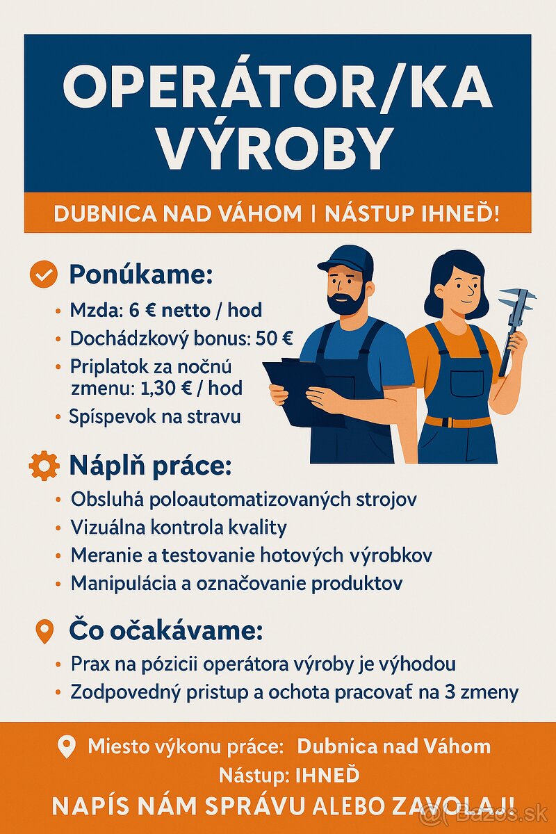 Operátor/ka výroby – Dubnica nad Váhom | Nástup ihneď