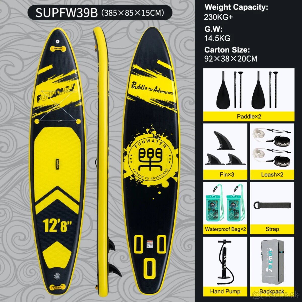 Paddleboard 385cm, 230kg, dvojmiestny, 3 plutvy, 2 vesla