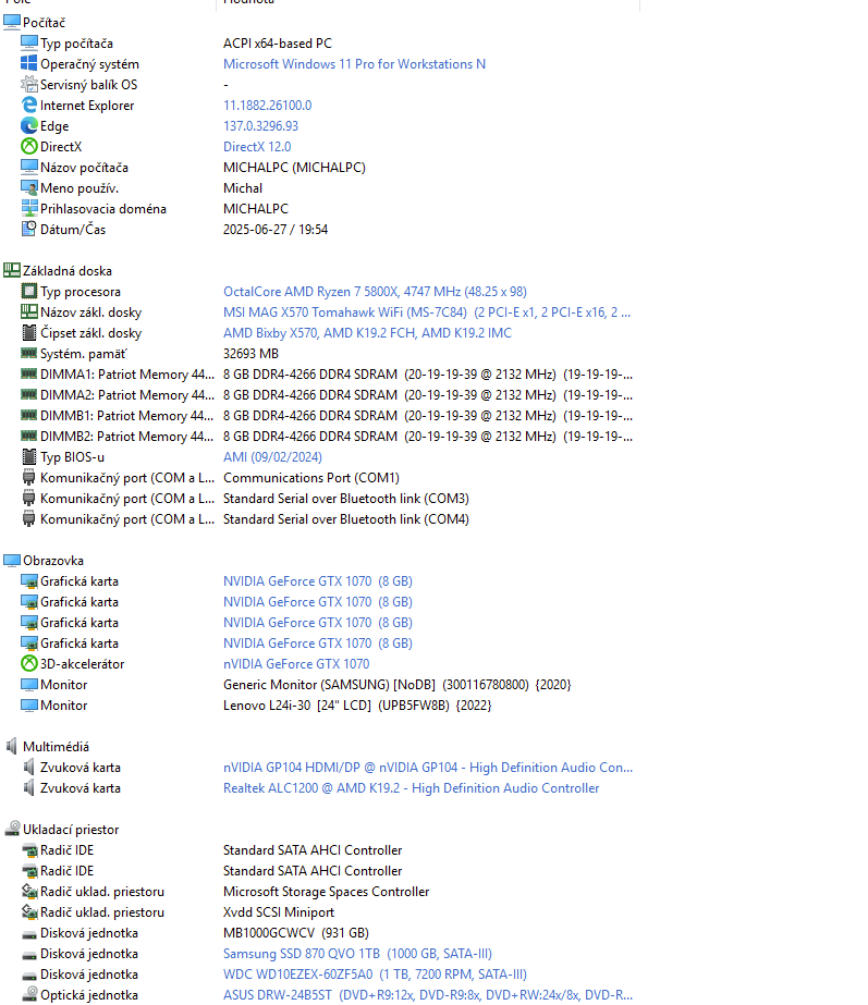 Herný a pracovný PC Ryzen 7, 32GB RAM, GTX 1070, 1× SSD