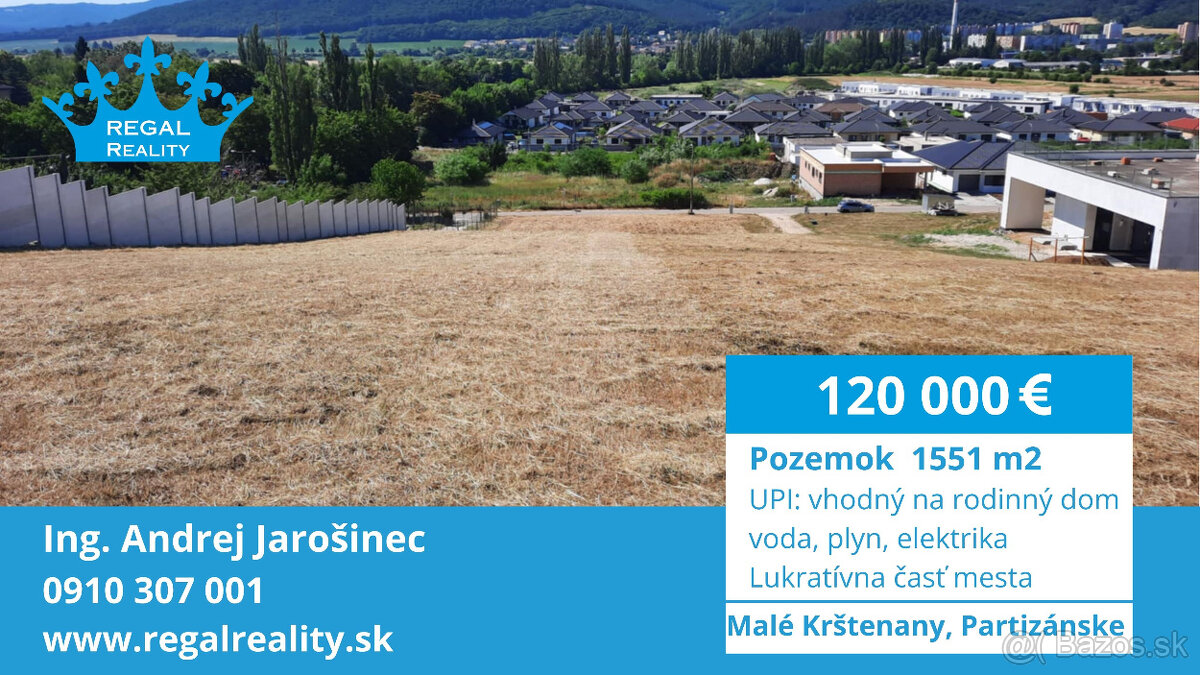 Lukratívny POZEMOK č. 1 na RD, 1551 m2, Partizánske