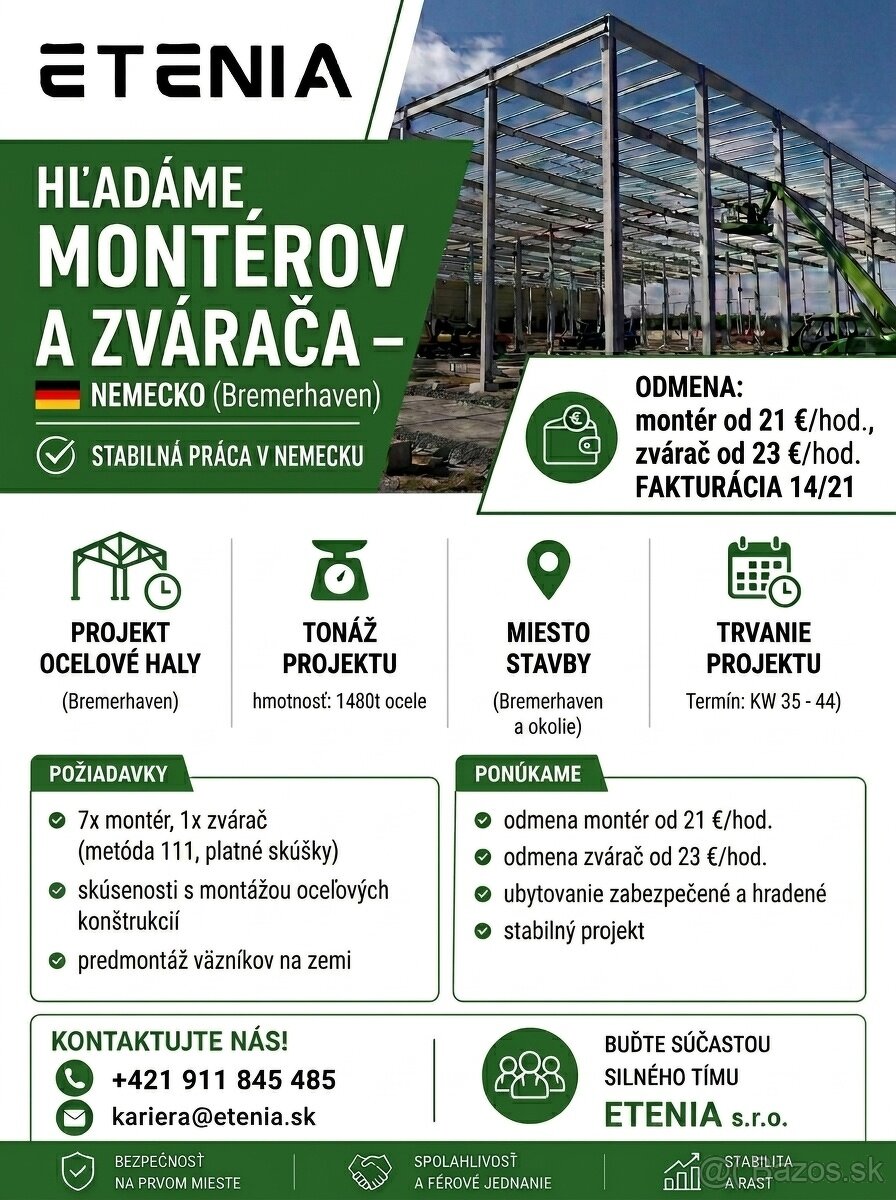 MONTÉRI OCEĽOVÝCH KONŠTRUKCIÍ – NEMECKO 🇩🇪