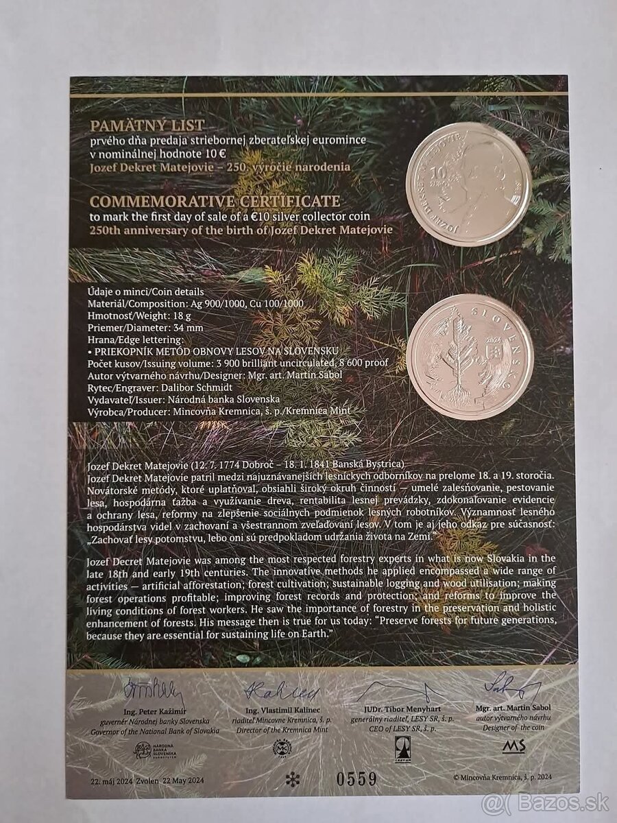 Pamatny list plus minca Jozef Dekret Matejovie
