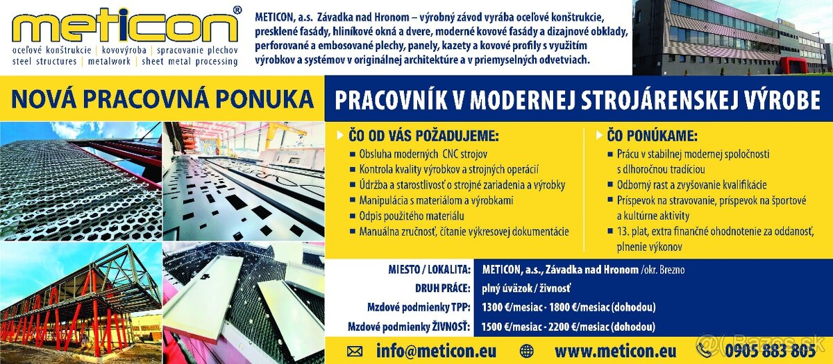Pracovník pre modernú strojársku výrobu METICON, a.s.