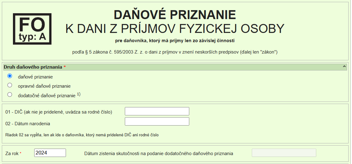 Daňové priznanie Fyzickej osoby Typ A - do 24 hodín