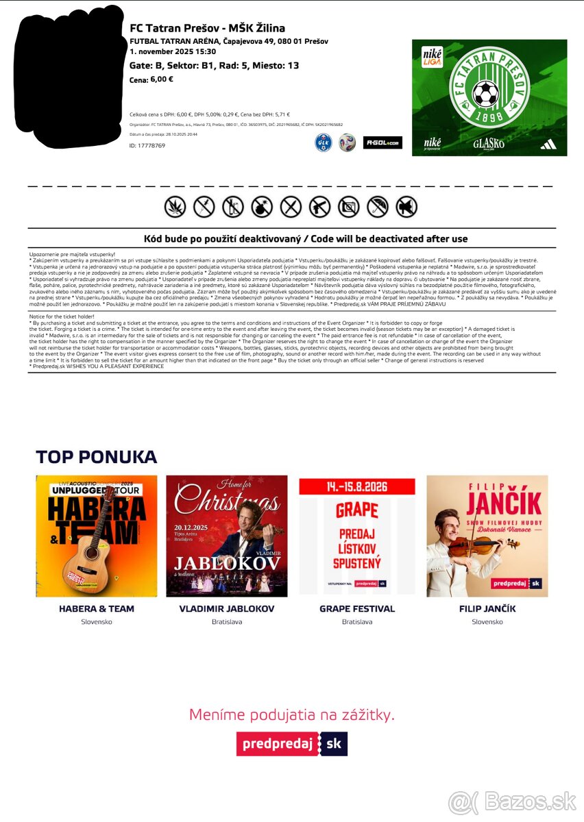 Tatran Presov:MSK Zilina listky