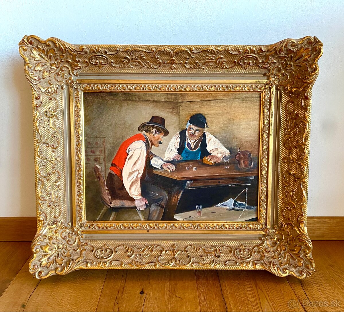 Starý obraz v krásném rámu, olejomalba na desce