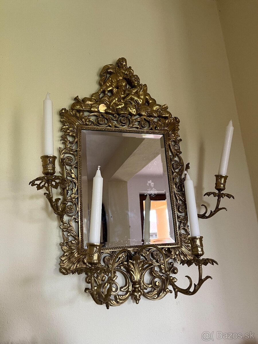 Starožitné mosadzné zrkadlo so svietnikmi