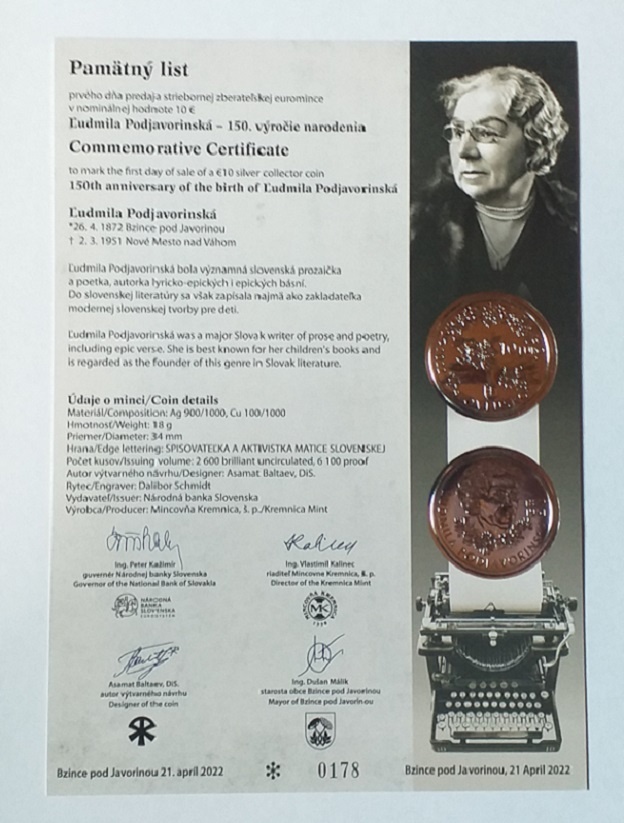 Pamätný list 2022 10 € Ľudmila Podjavorinská