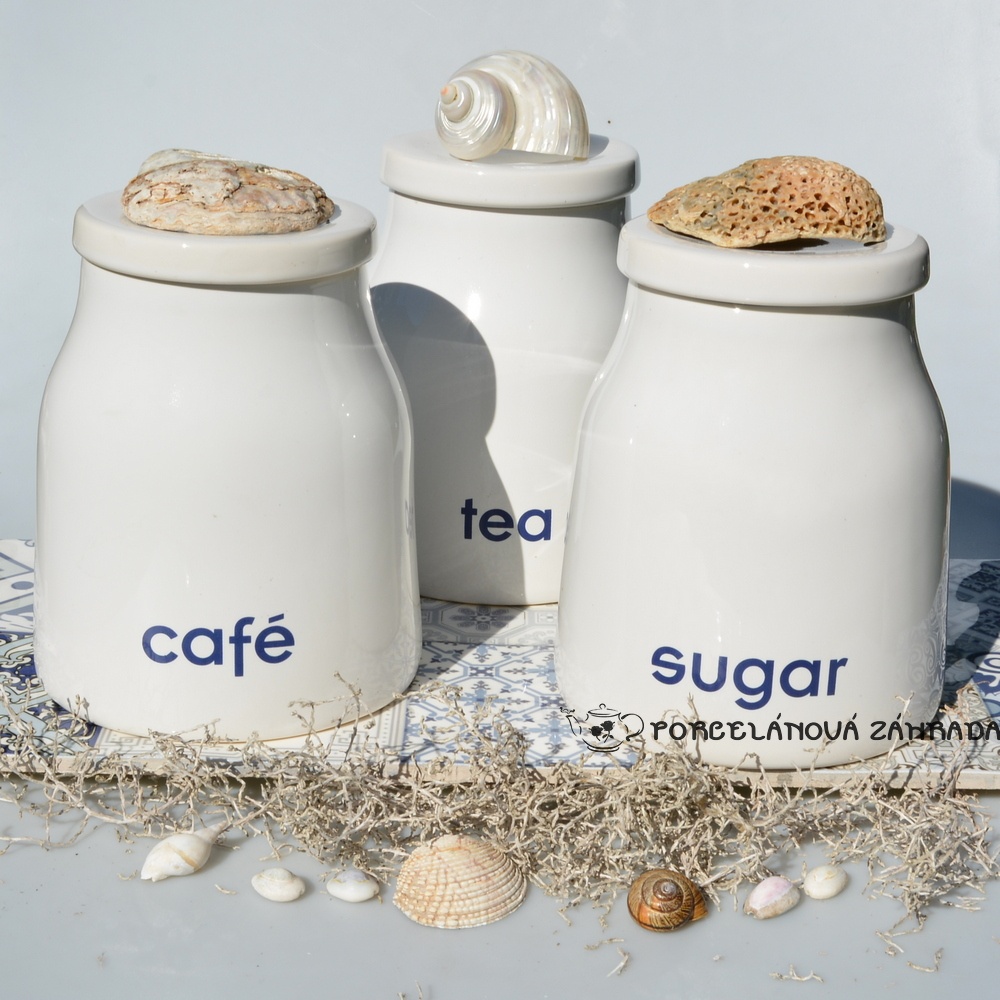Vintage sada 3 ks veľké a ťažké dózy - Coffee + Tea + Sugar