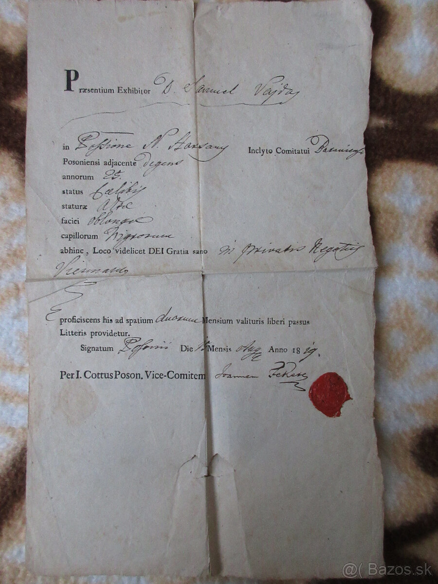 Dokument r. 1819 Bratislava, vydaný cestovný doklad, Fekete