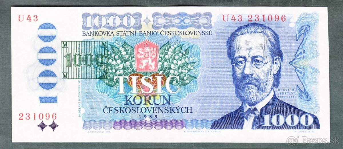 Staré bankovky 1000 kčs 1985 TIŠTĚNÝ KOLEK, bezvadný stav UN